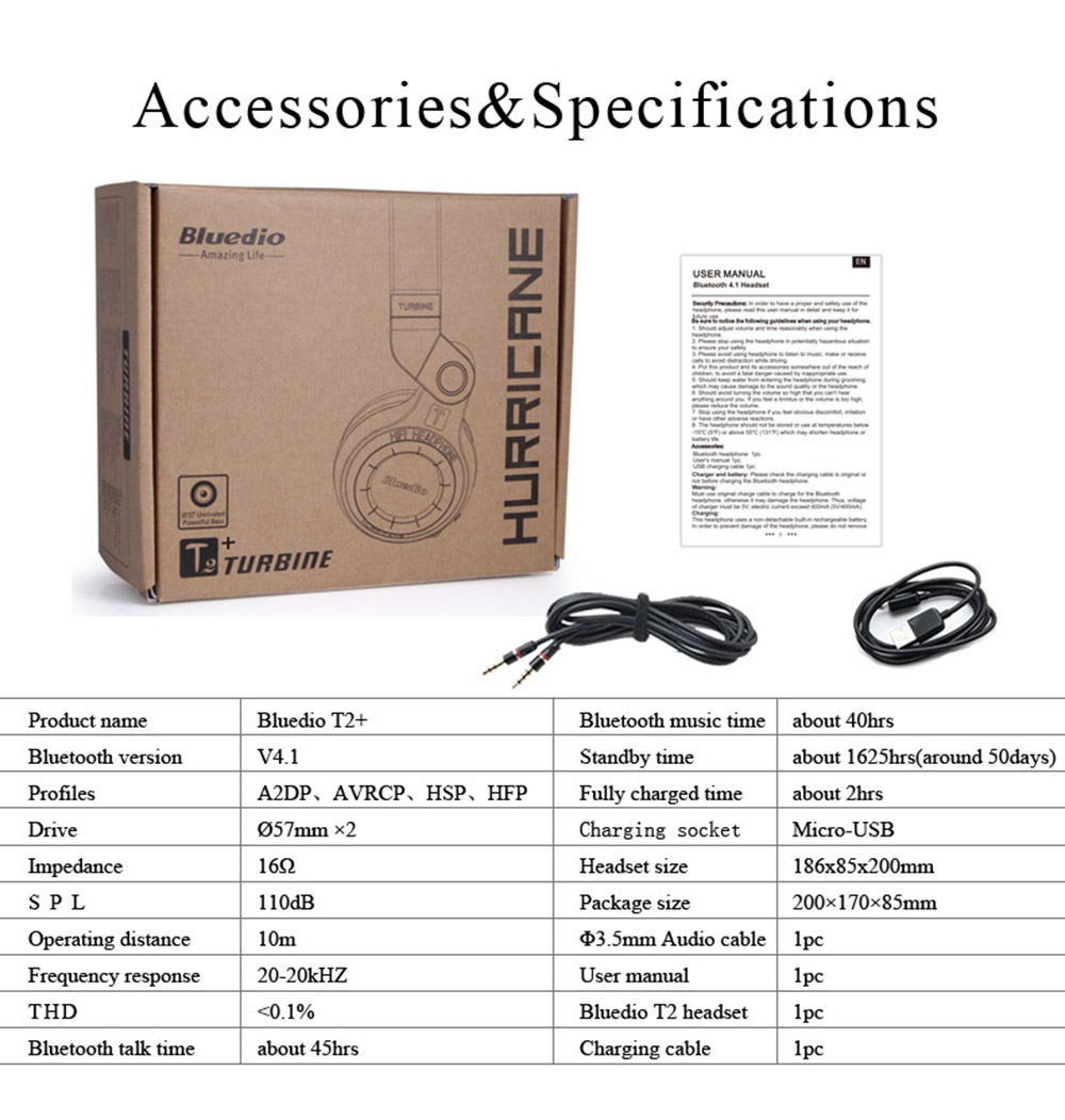 [HK Stock] Bluedio T2+ Bluetooth4.1 Wireless Stereo Headphone TF Card FM  Music Headset - White