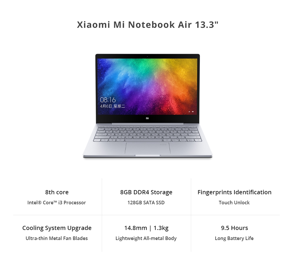 Xiaomi Mi Notebook Air 13.3" 1920*1080 Intel Core i3-8130U Dual Core 8GB DDR4 128GB SSD Intel UHD Graphics 620 Fingerprints - Silver