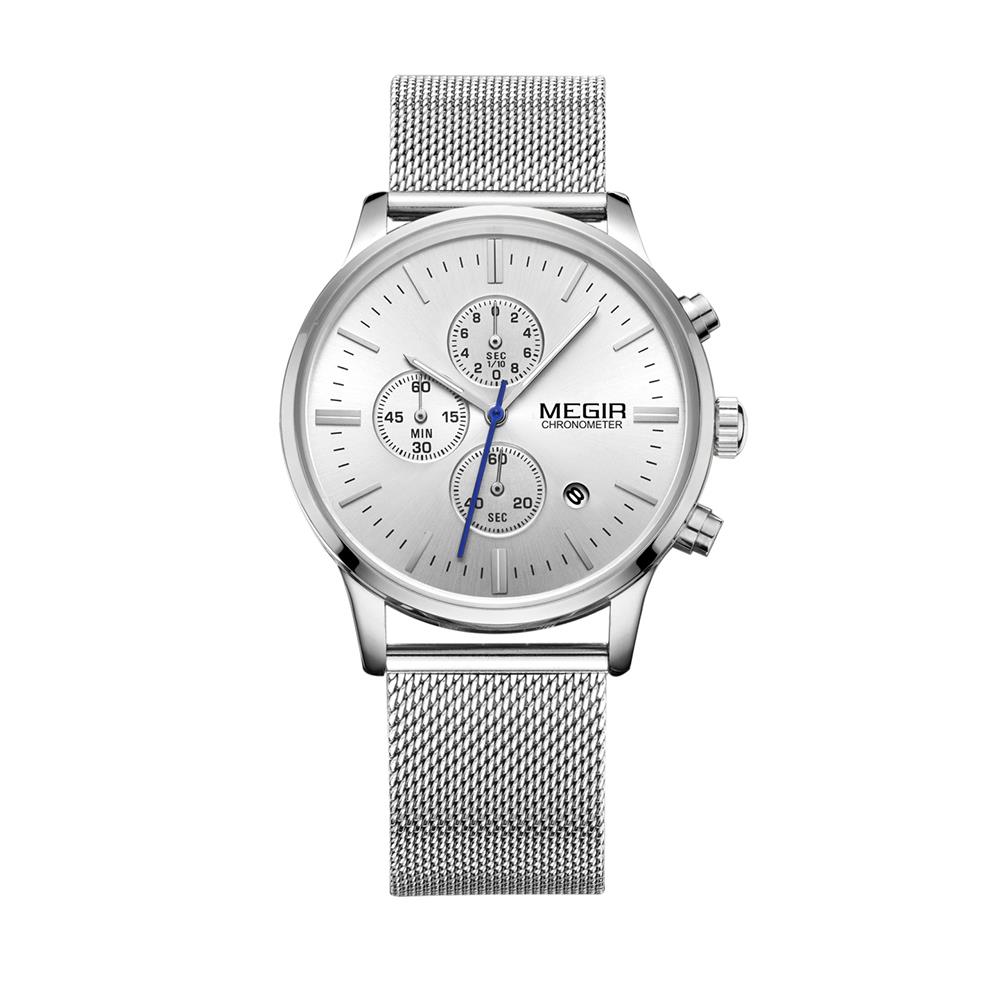 ML2011G MEGIR Men's Sports Wrist Watch Business Analog Casual Quartz Movement Stainless Steel - Silver