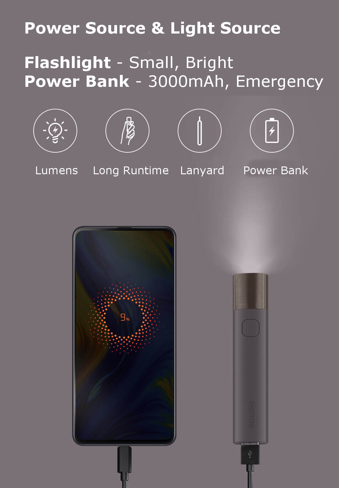 Xiaomi SOLOVE X3 Portable Flashlight Mobile Power Bank - Black