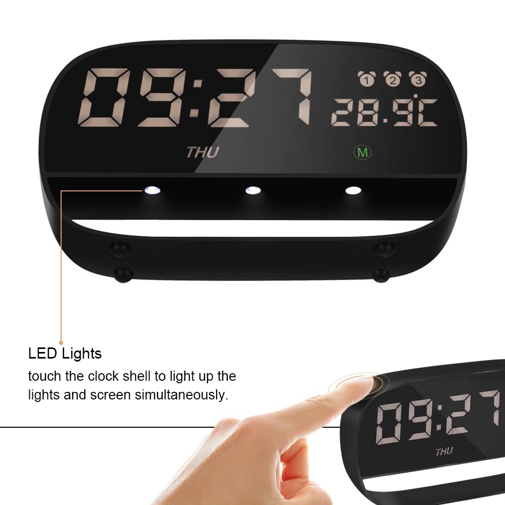 LED Electronic Touch Alarm Clock with Night Light Snooze Function USB/Battery - Black