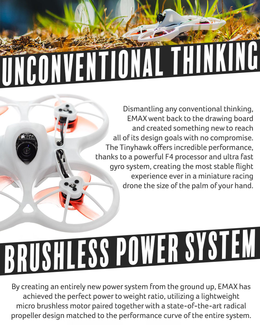 Emax TinyHawk 75mm Brushless FPV Racing Drone Unique Inverted Motor Design F4 FC 3A 4In1 ESC Frsky Receiver BNF