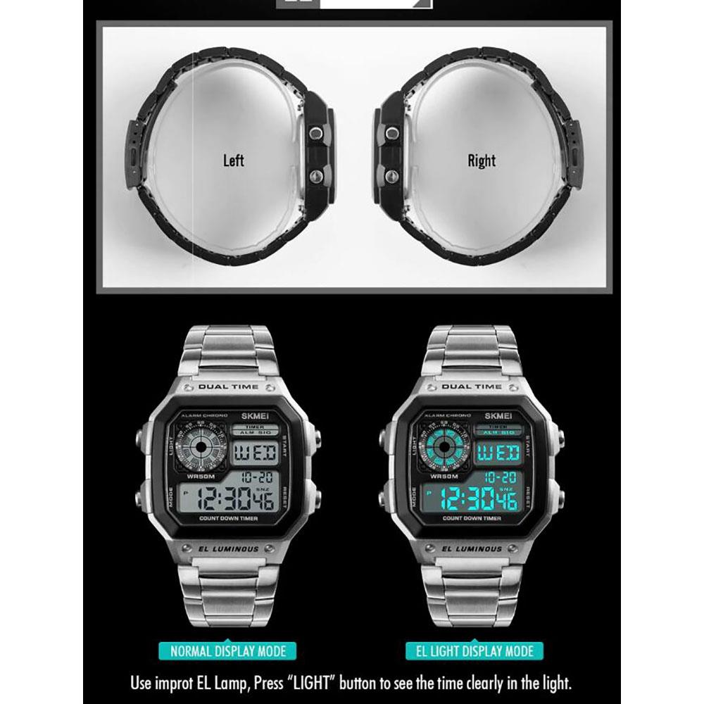 SKMEI 1335 Men's Digital Sports Watch Square Dial Stainless Steel Strap Waterproof Wristwatches - Black