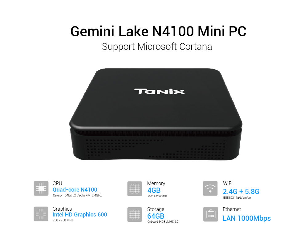 TANIX TX88 Gemini Lake N4100 Windows 10 4GB/64GB Mini PC 2.4G/5G WiFi Gigabit LAN USB3.0 Support Cortana HDMI+VGA