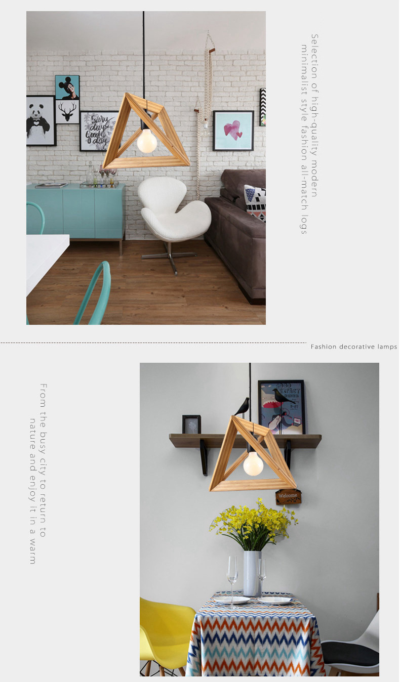 FUMAT Nordic Post-modern Pendant Light - Minimalist Triangle Wood Frame Design(Dia 420mm)