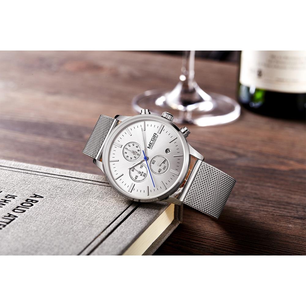 ML2011G MEGIR Men's Sports Wrist Watch Business Analog Casual Quartz Movement Stainless Steel - Silver