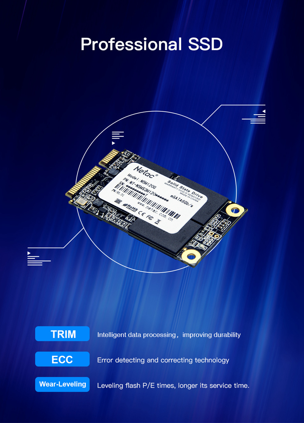 Netac N5M 120GB mSATA 6Gb/s Interface SSD Internal Solid State Reading Speed 500MB/s - Black