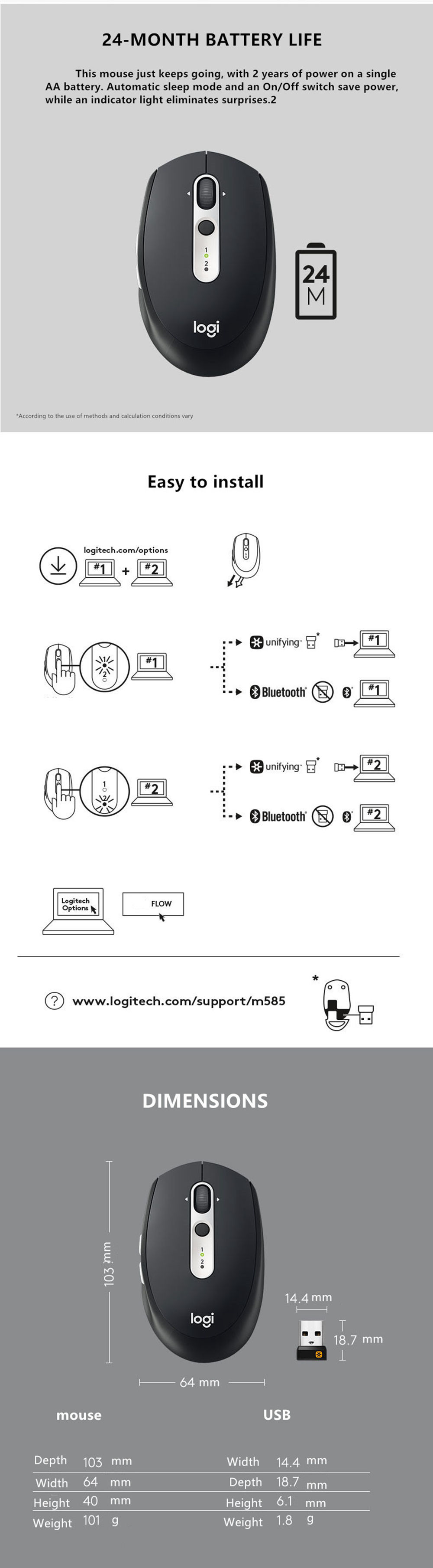 Logitech M585 Wireless Bluetooth 2.4G Dual Mode Multi-device Mouse With Flow Cross-Computer Control - Black