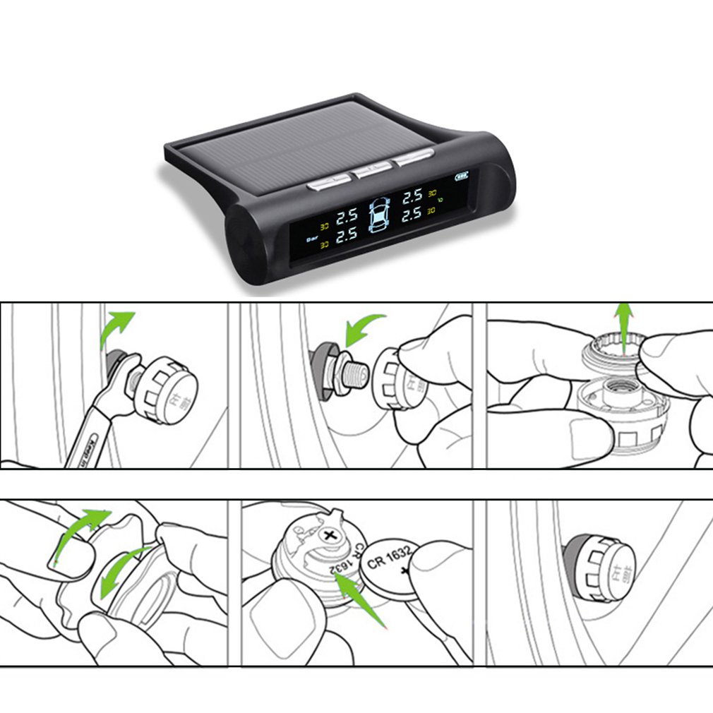 Solar Power Smart Safety Tyre Pressure Monitoring System Set Tool Kit - Black