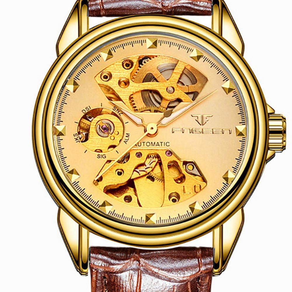 Men's Business Hollow Engraving Mechanical Watch Analog Automatic Movement PU Leather Strap - Gold