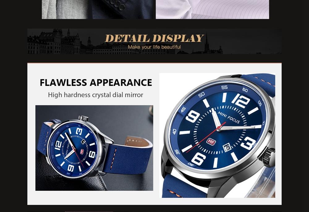 MINI FOCUS MF0051G Men's Casual Business Quartz Sports Watch Genuine Leather Strap Waterproof Wristwatch - Blue