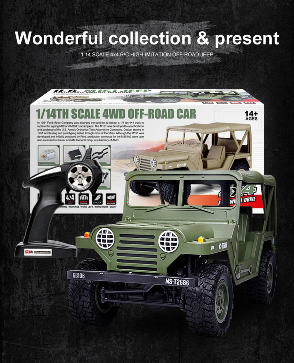 SUBOTECH BG1522 U.S.M151 JEEP 1/14 2.4G 4WD OFF-Road RC Car with LED Lights RTR - Green