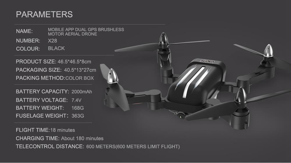 Bayangtoys X28 8MP GPS 5G Wifi FPV Brushless Foldable RC Drone RTF Black - Two Battery