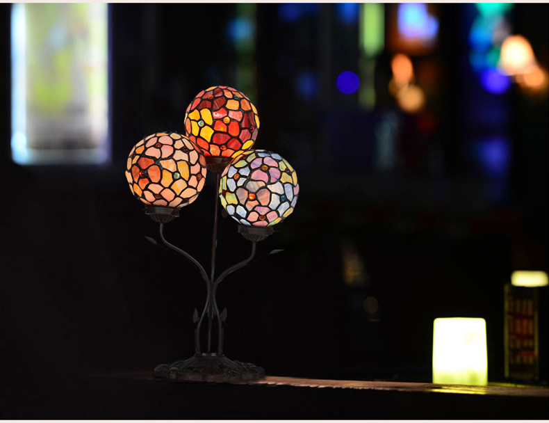 FUMAT Tiffany Style Stained Glass Handcrafted Table Lamp - Creative Triple Spherical Alloy Base Design