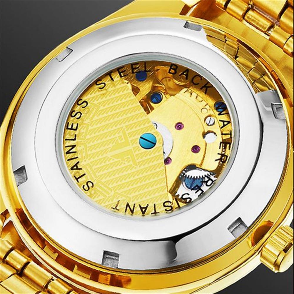 Men's Business Hollow Engraving Mechanical Watch Analog Automatic Movement PU Leather Strap - Gold