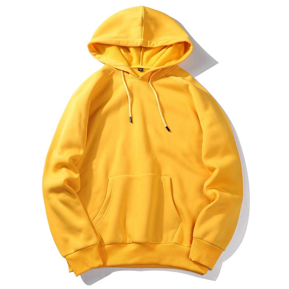 WY18 Men's Autumn Winter Basic Casual Cotton Hoodie Solid Color Size M - Yellow