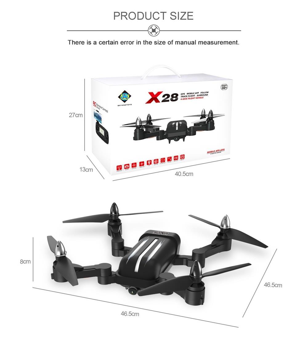 Bayangtoys X28 8MP GPS 5G Wifi FPV Brushless Foldable RC Drone RTF Black - Two Battery