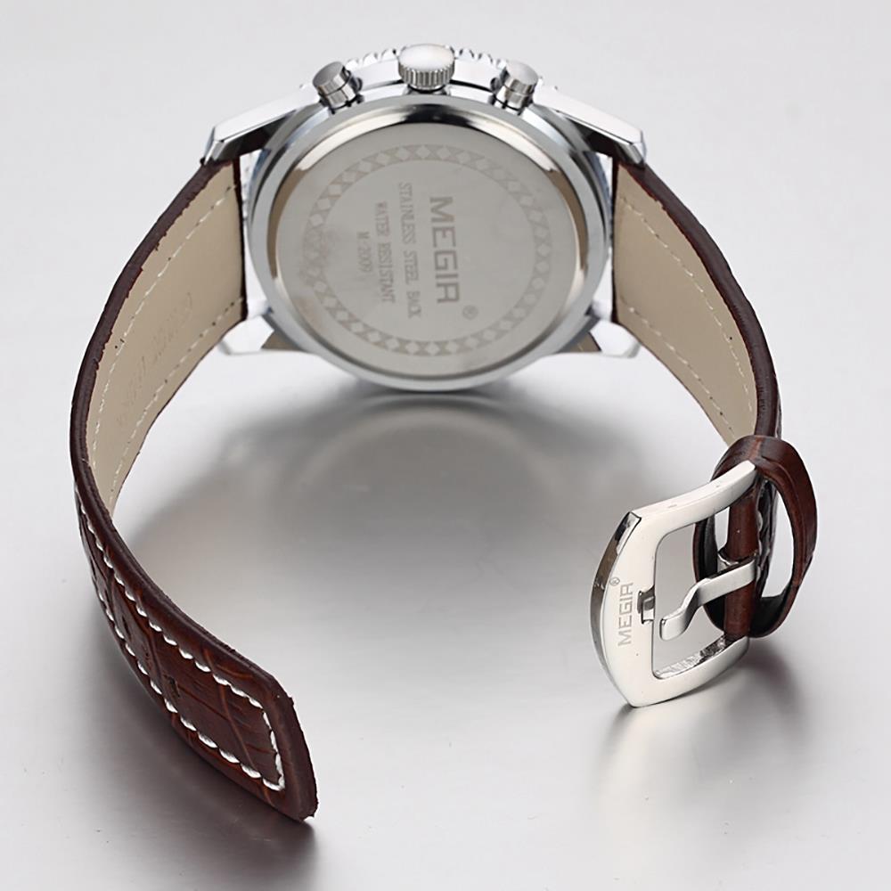 MEGIR ML2009 Men's Casual Business Watch Stopwatch Large Dial Quartz Movement PU Leather Strap - Brown