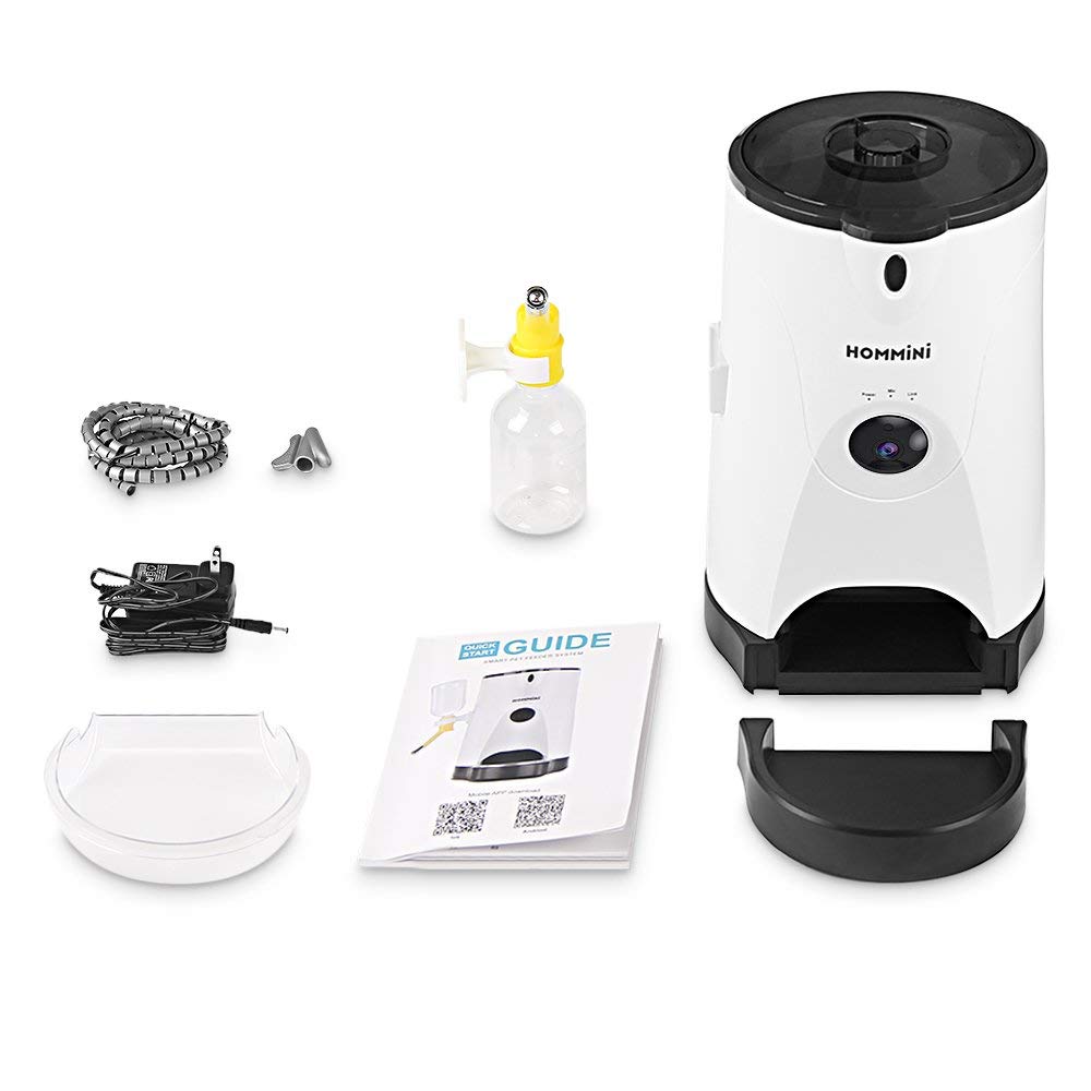 [US Stock]HOMMINI Smart Pet Feeder for Dog Cat with HD Camera Video Voice Recording 250ml Water Feeder Work with by iPhone Android - White