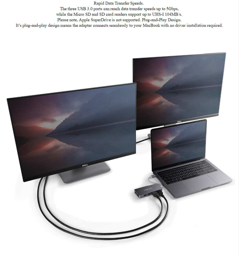 MINIX NEO C Plus USB-C Multiport Adapter with Dual HDMI Output 4K Adapter 3 USB 3.0 Gigabit Ethernet USB-C Charging - Gray