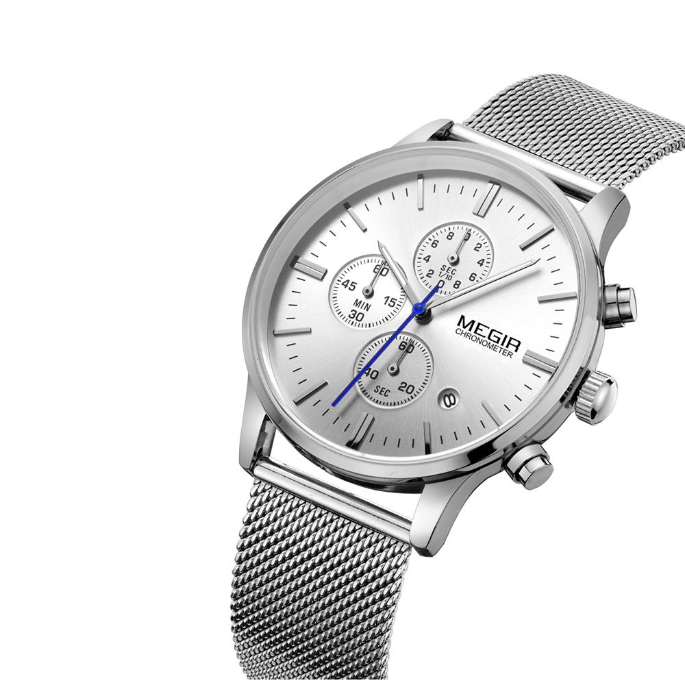 ML2011G MEGIR Men's Sports Wrist Watch Business Analog Casual Quartz Movement Stainless Steel - Silver