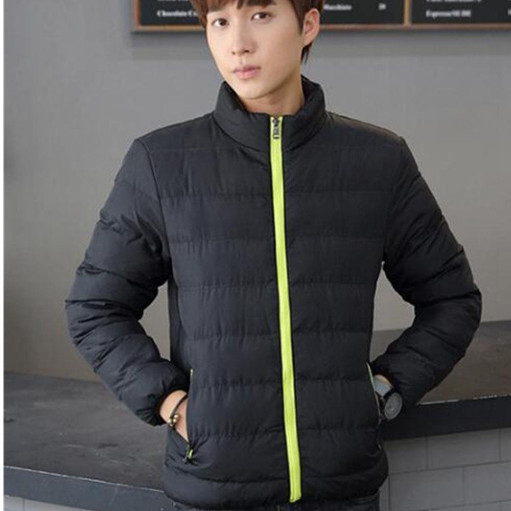 Men's Autumn And Winter Basic Casual Thick Cotton Down Jacket (Stand Collar Warm Coat Size L) - Black + Green