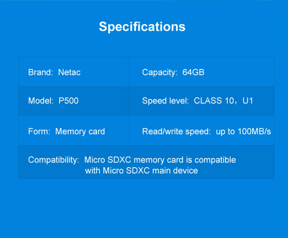 Netac P500 64GB Micro SD Card Data Storage TF Cards - Blue