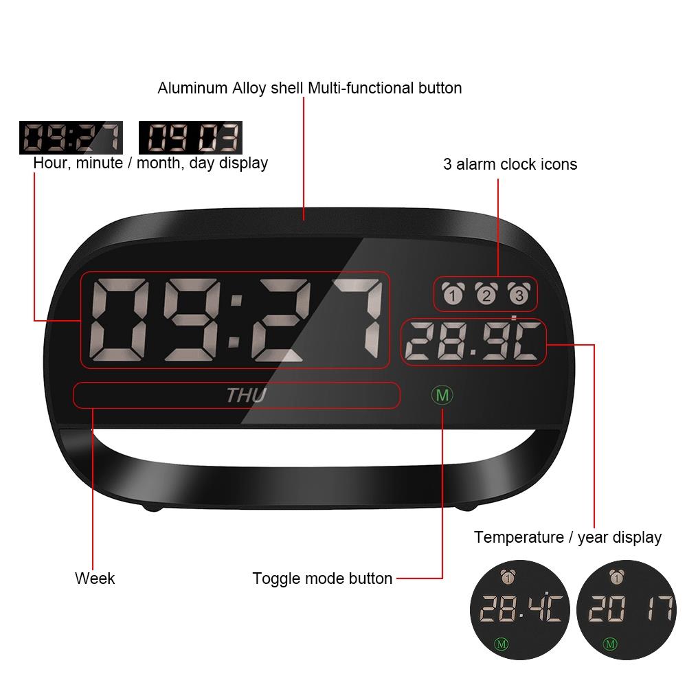 LED Electronic Touch Alarm Clock with Night Light Snooze Function USB/Battery - Black
