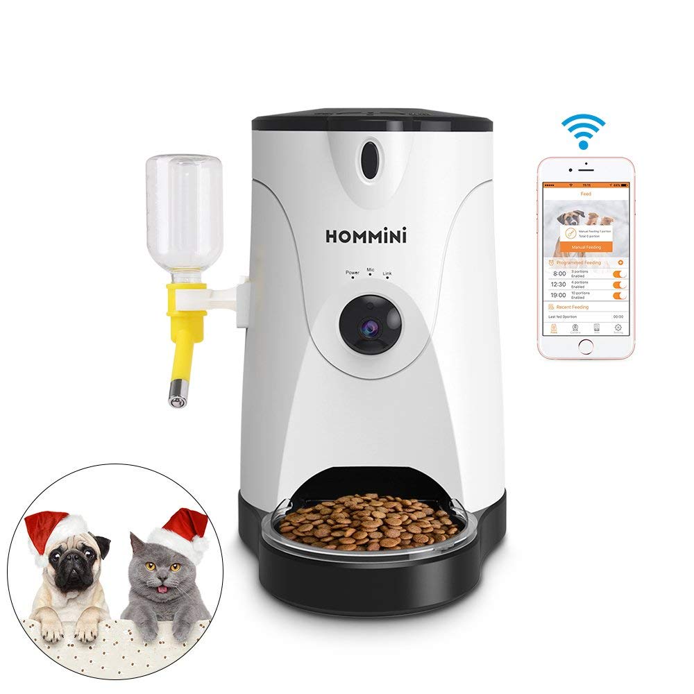 [US Stock]HOMMINI Smart Pet Feeder for Dog Cat with HD Camera Video Voice Recording 250ml Water Feeder Work with by iPhone Android - White