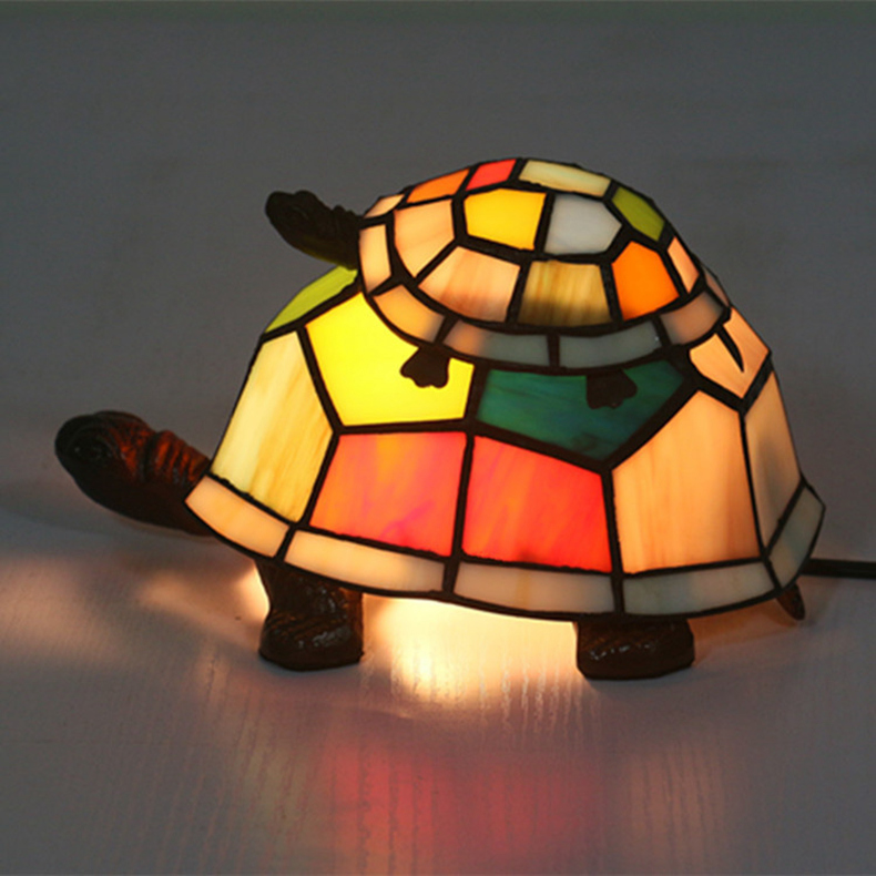 FUMAT Tiffany Style Stained Glass Handcrafted Table Lamp - Cute Cartoon Colorful Dual Turtles Design