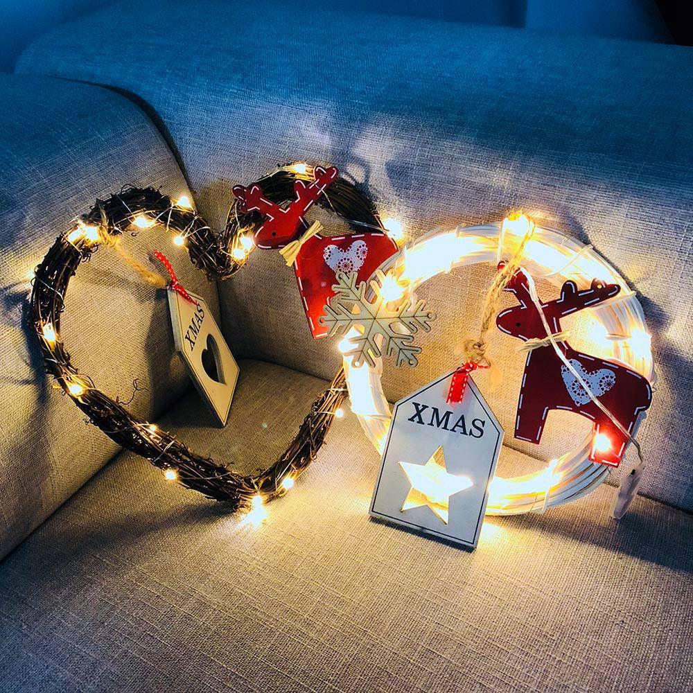 20LEDs Natural Dried Wreath DIY Heart Rattan String Light Wreaths Christmas Door Wall Wedding Decoration - Warm White
