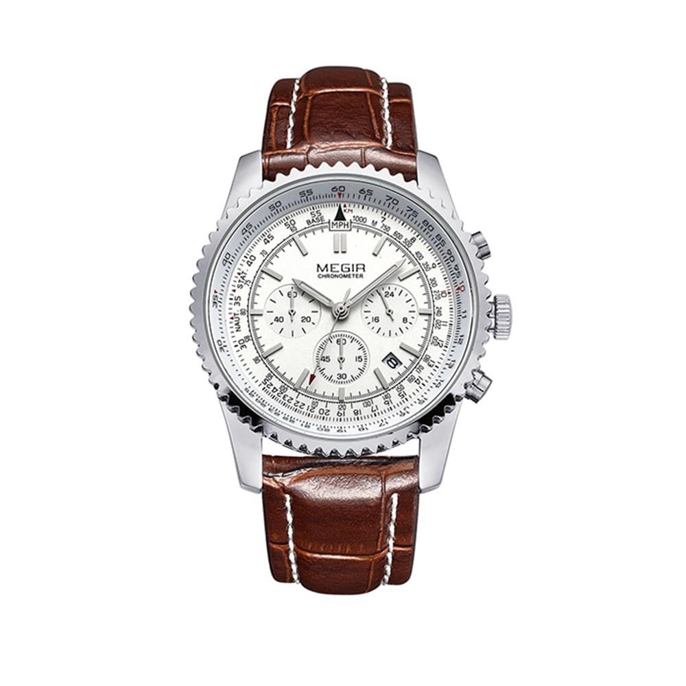 MEGIR ML2009 Men's Casual Business Watch Stopwatch Large Dial Quartz Movement PU Leather Strap - Brown