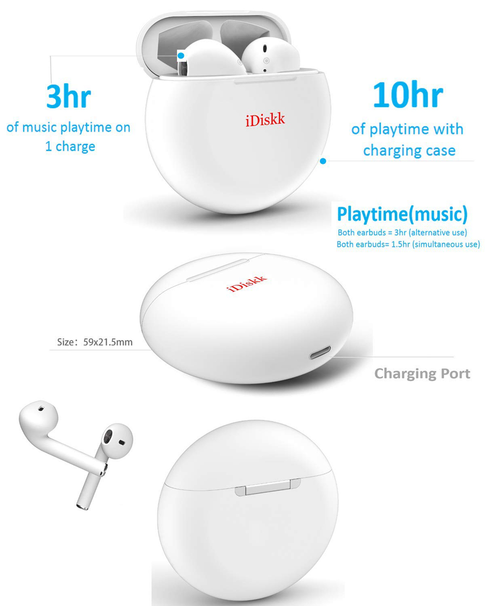 IDiskk i51 TWS Wireless Bluetooth 5.0 Earphones Binaural Earbuds Support ios Android Phone - White