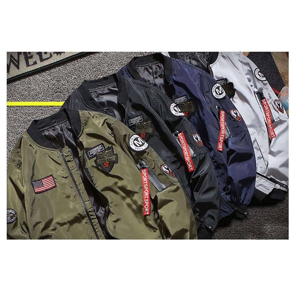 C9901 Men's Autumn Casual Embroidered Round Neck Bomber Pilot Jacket (Long Sleeve Coat Size M) - Gray