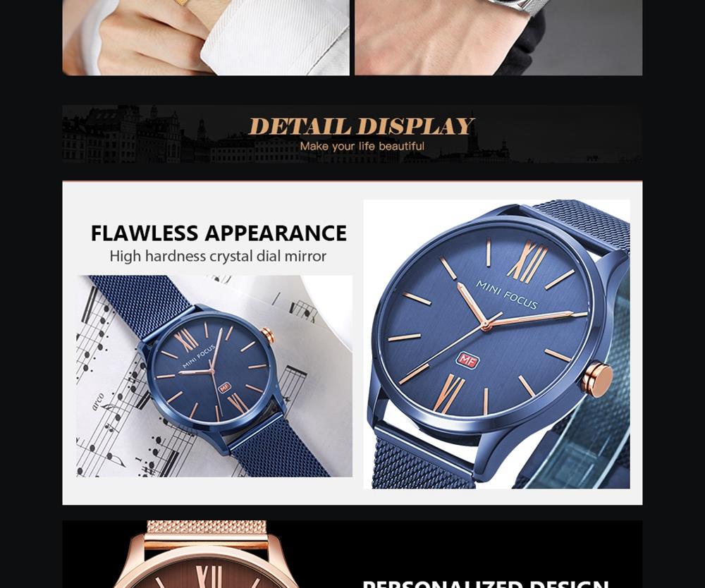 MINI FOCUS MF0018G Men's Casual Business Thin Quartz Watch Stainless Steel Strap Wristwatch - Blue