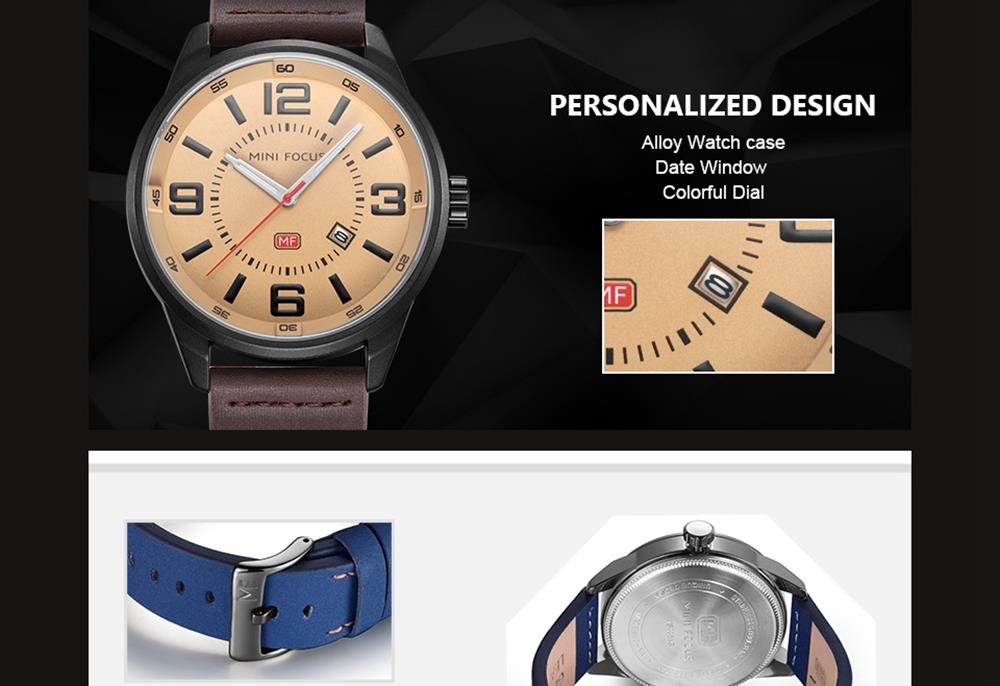 MINI FOCUS MF0051G Men's Casual Business Quartz Sports Watch Genuine Leather Strap Waterproof Wristwatch - Blue