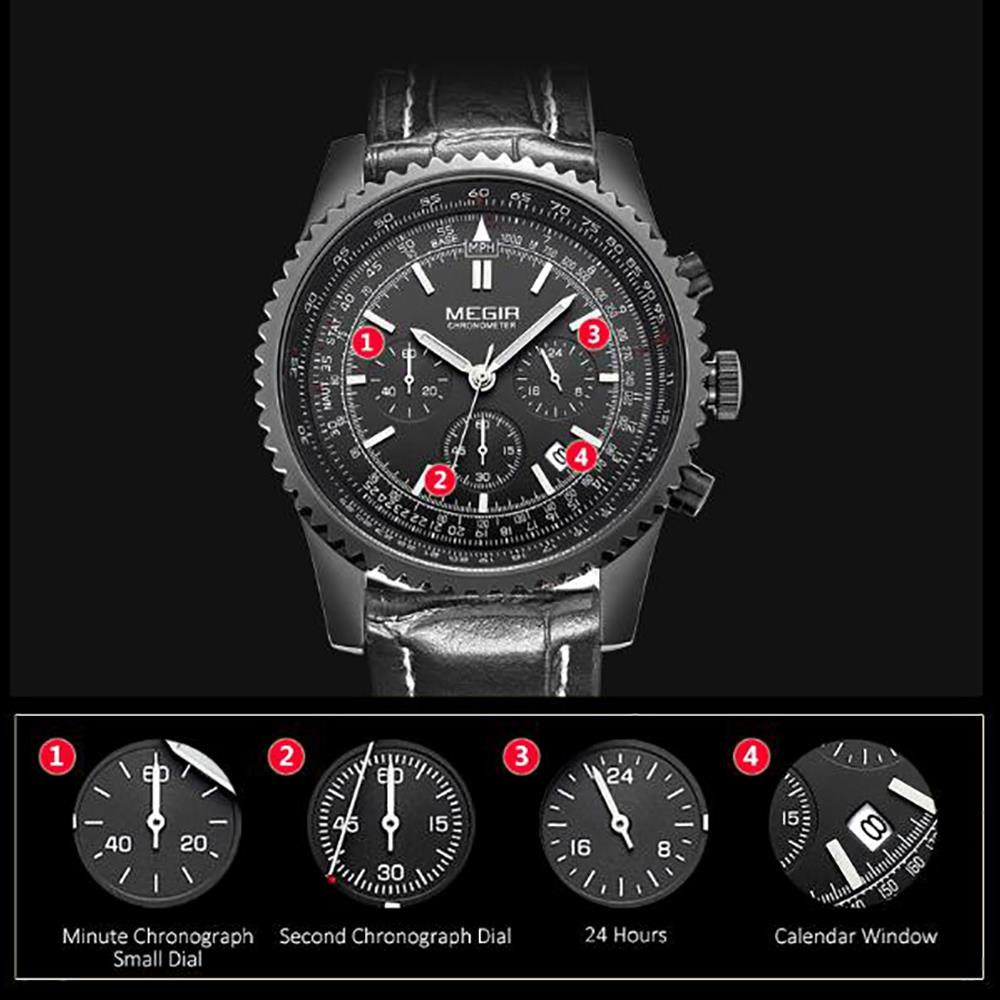 MEGIR ML2009 Men's Casual Business Watch Stopwatch Large Dial Quartz Movement PU Leather Strap - Brown