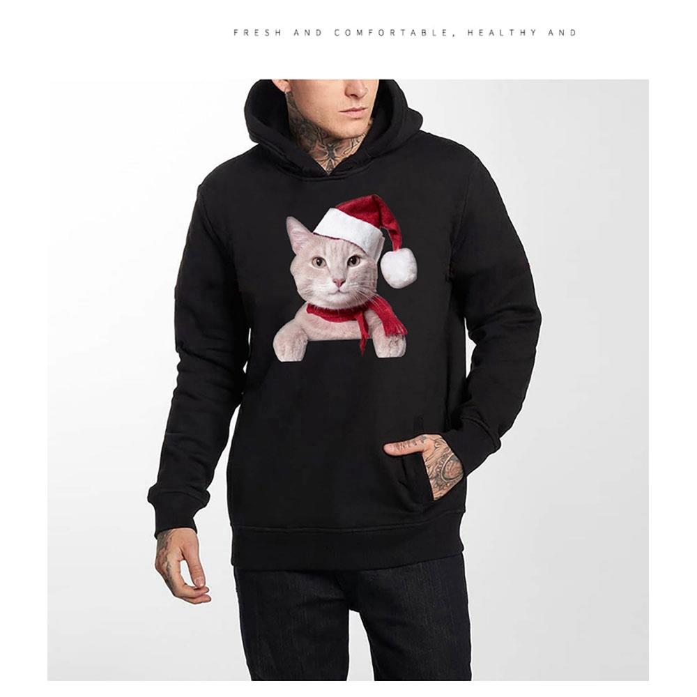 Unisex Christmas Series Cartoon Cat Pattern Hoodie (Hooded Pullover Sweatshirt Size S) - Black