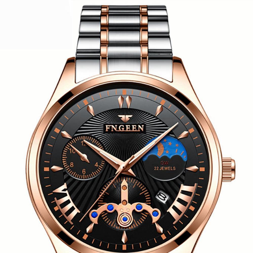 FNGEEN 5606 Men's Stainless Steel Watch Noctilucent Quartz Movement Water-resistant - Rose Gold + Black