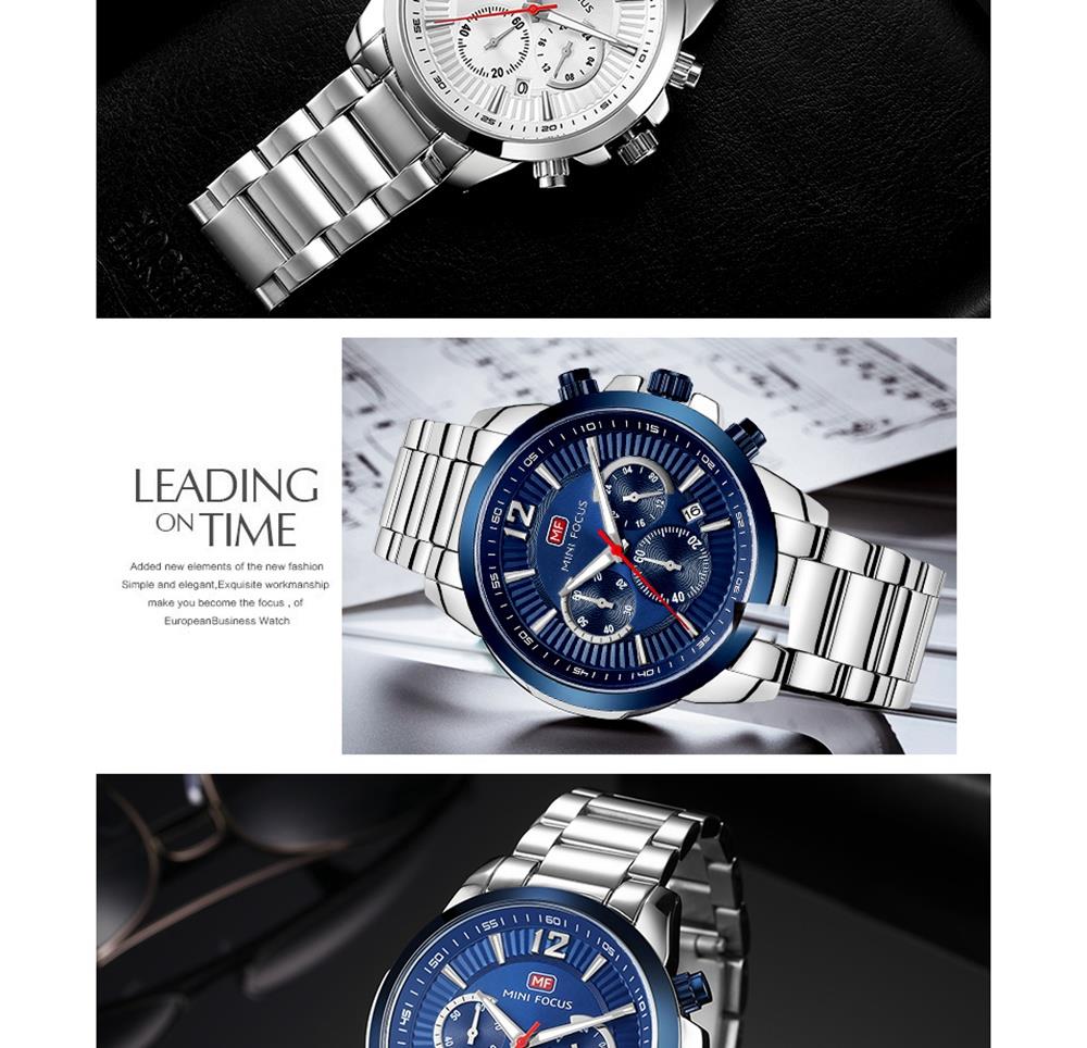 MINI FOCUS MF0087G Men's Business Quartz Watch Chronograph Stainless Steel Strap Wristwatch - Black