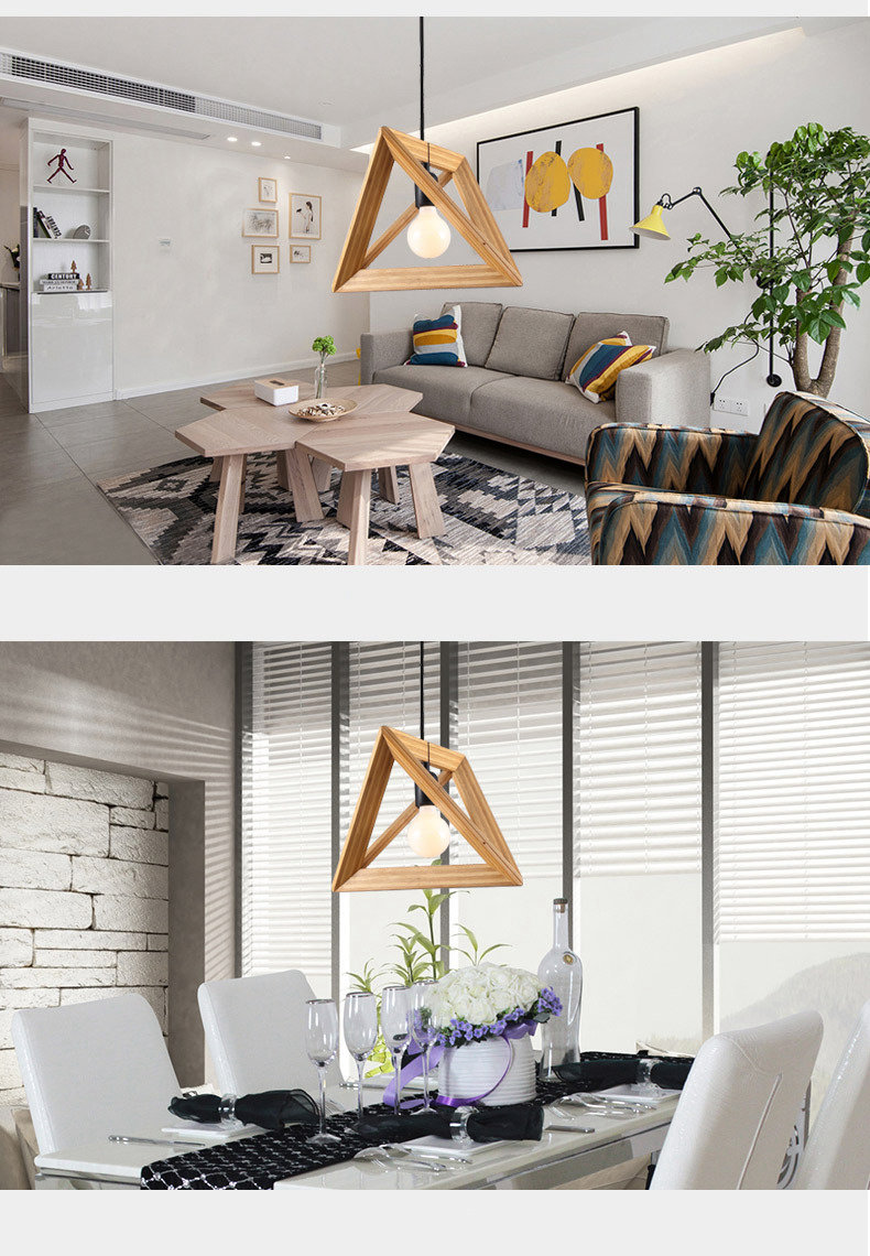 FUMAT Nordic Post-modern Pendant Light - Minimalist Triangle Wood Frame Design(Dia 420mm)