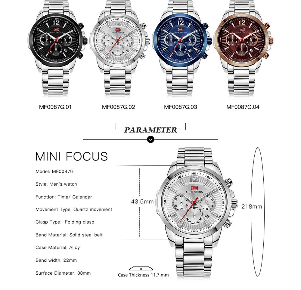MINI FOCUS MF0087G Men's Business Quartz Watch Chronograph Stainless Steel Strap Wristwatch - Black