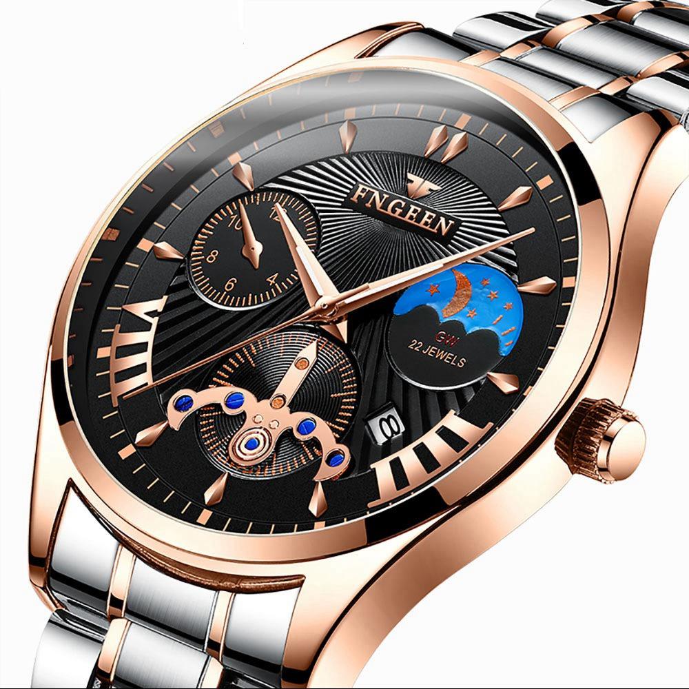 FNGEEN 5606 Men's Stainless Steel Watch Noctilucent Quartz Movement Water-resistant - Rose Gold + Black