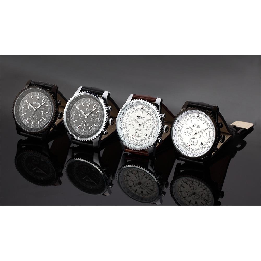 MEGIR ML2009 Men's Casual Business Watch Stopwatch Large Dial Quartz Movement PU Leather Strap - Brown