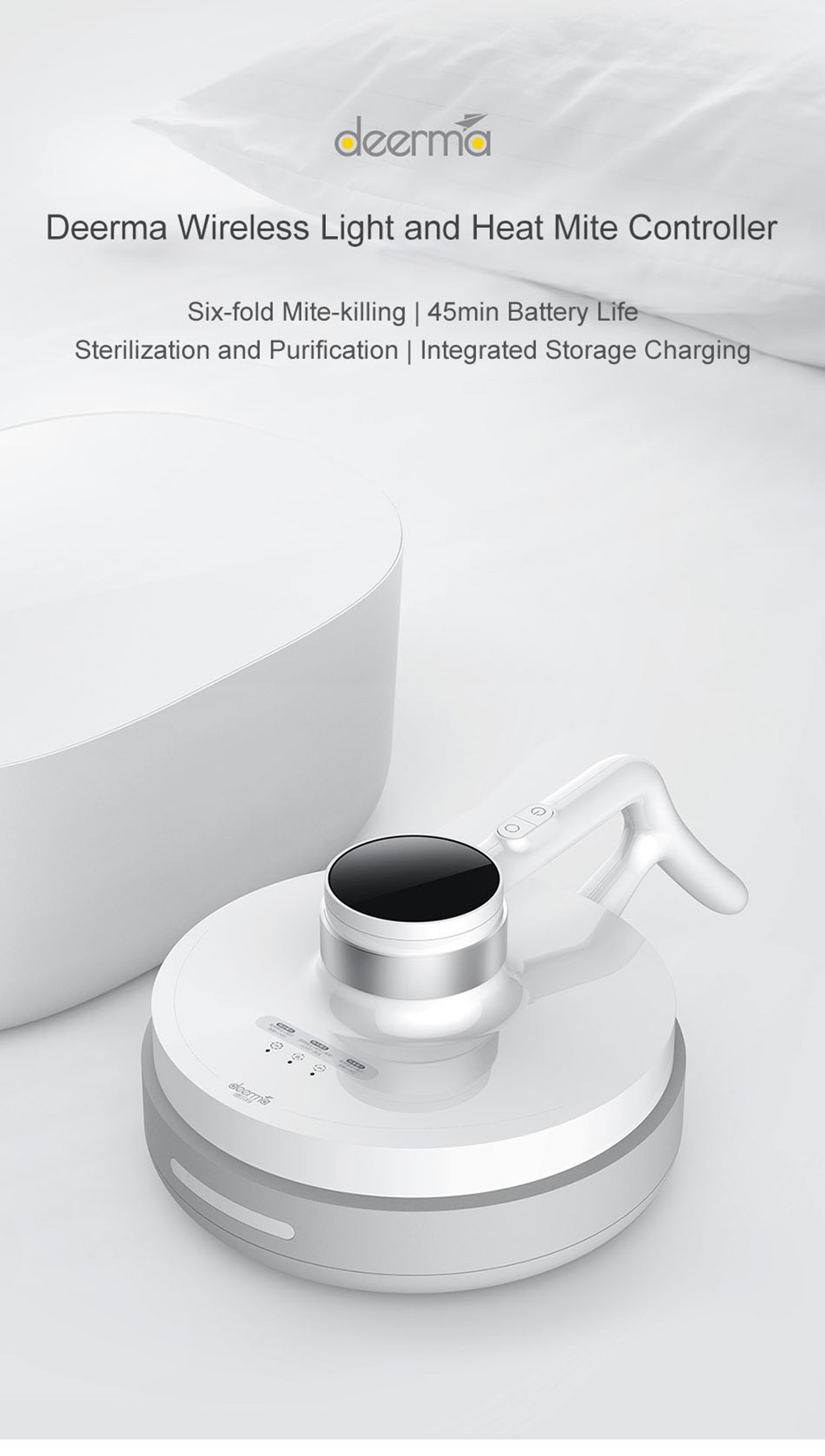 Xiaomi Deerma Wireless Handheld Vacuum Cleaner Light and Heat Mites Controller UV Sterilization Six-fold Mite-killing - White