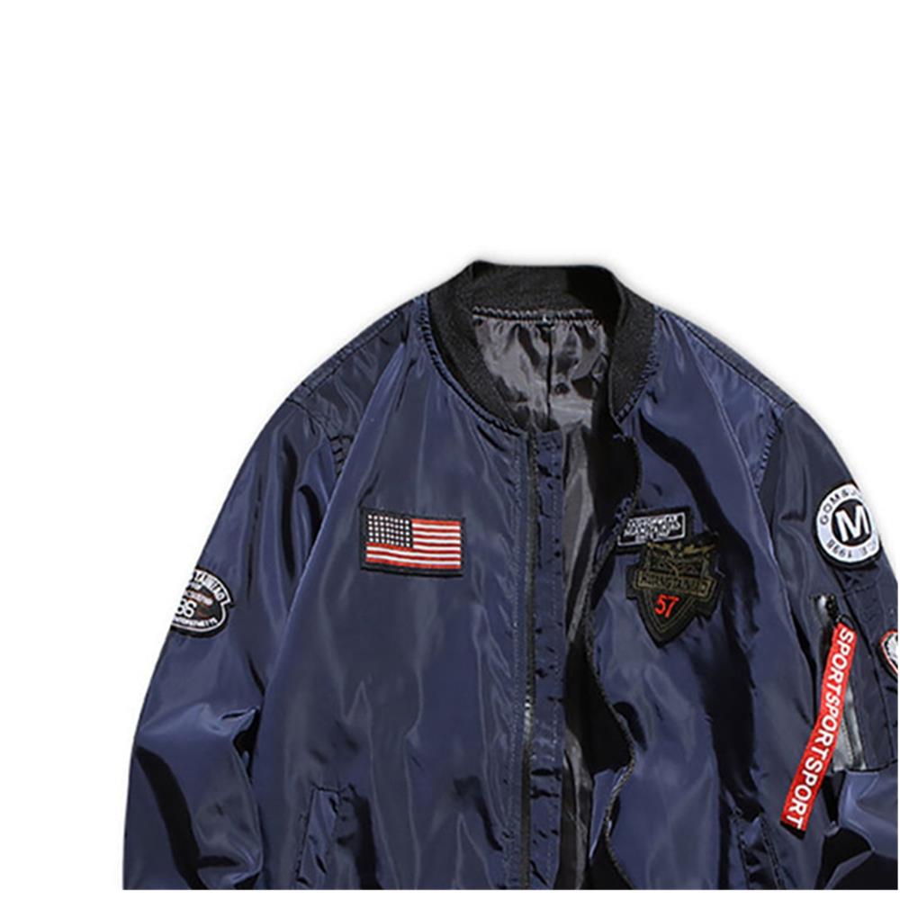 C9901 Men's Autumn Casual Embroidered Round Neck Bomber Pilot Jacket (Long Sleeve Coat Size M) - Dark Blue