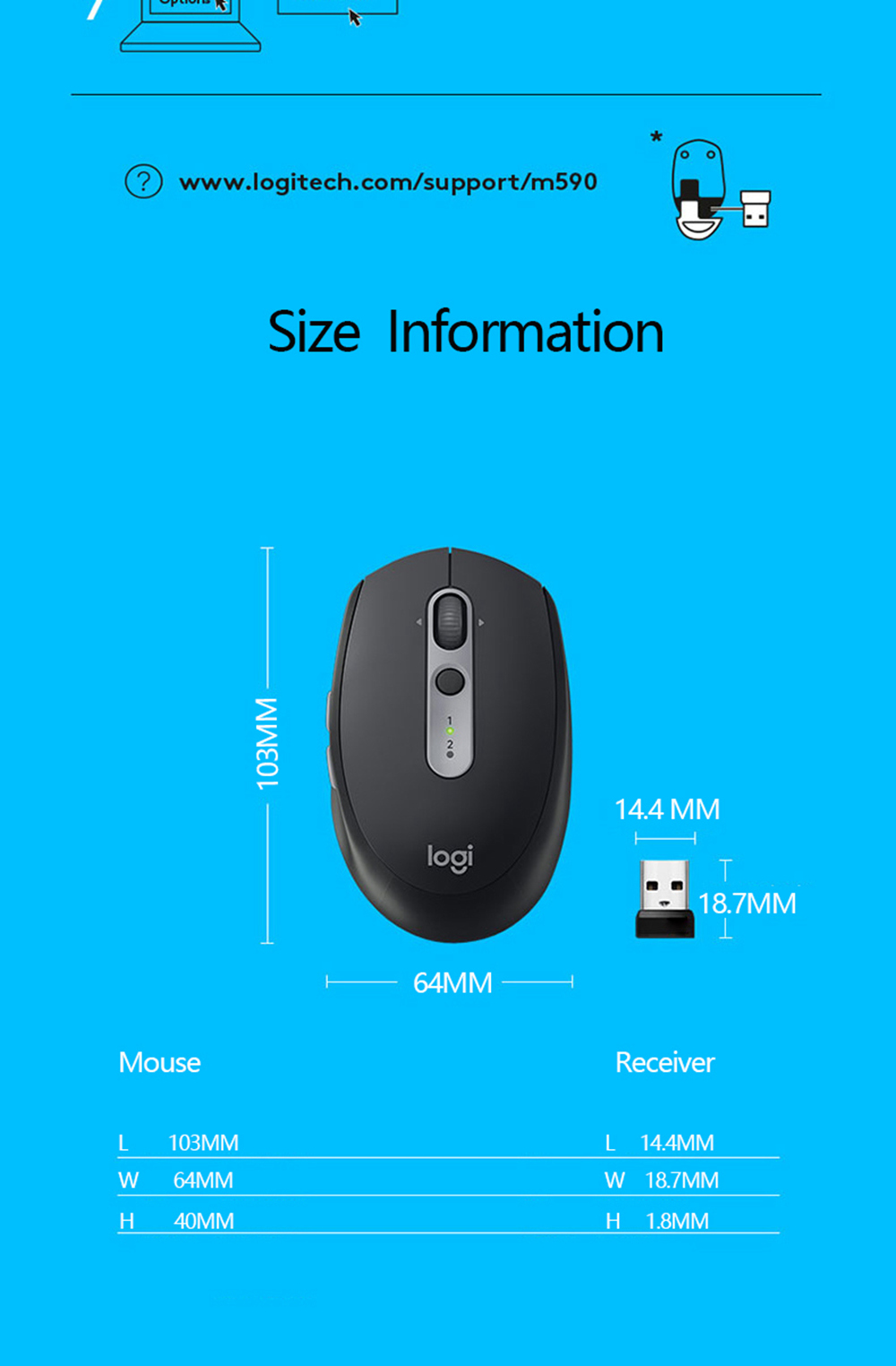 Logitech M590 Wireless Mute Mouse Bluetooth 2.4G Dual Mode Multi-device Control - Black