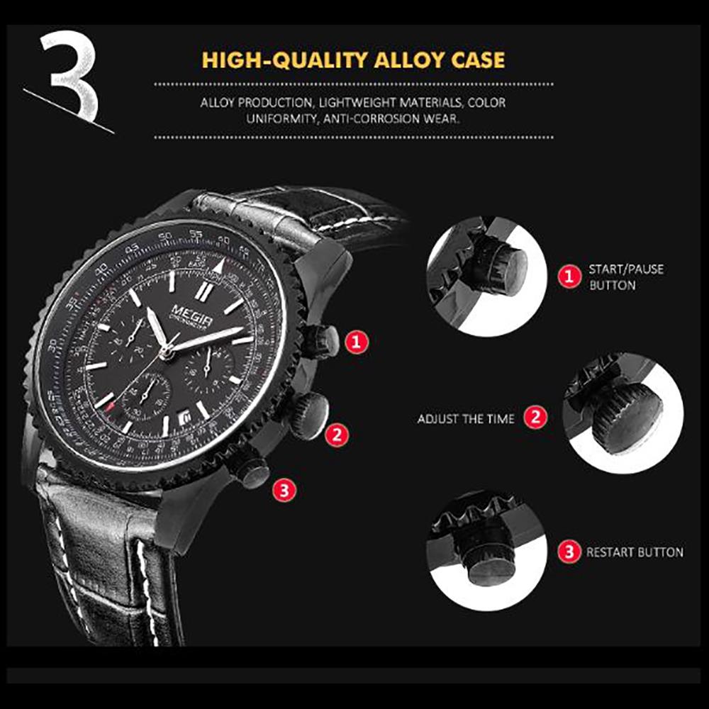 MEGIR ML2009 Men's Casual Business Watch Stopwatch Large Dial Quartz Movement PU Leather Strap - Brown