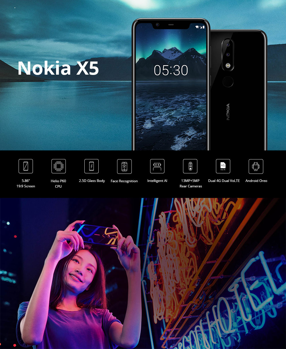 [Official Global ROM]Nokia X5 5.86 Inch 4G LTE Smartphone Helio P60 3GB 32GB 13.0MP+5.0MP Dual Rear Cameras Android 8.1 Type-C Touch ID - Black