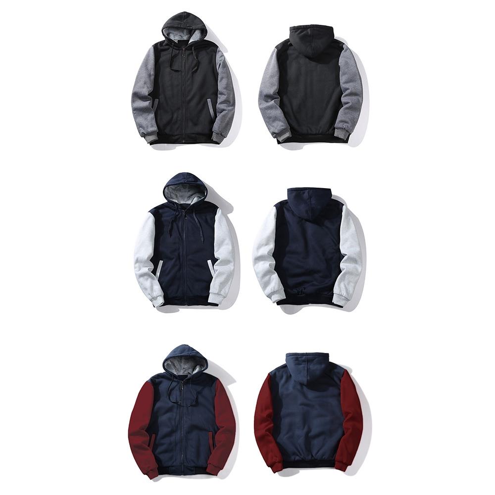 W02 Men's Autumn Winter Casual Color Block Cotton Cashmere Hooded Coat Size M - Blue + Gray